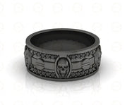 8 mm Wide Unique Design Bridal Gothic Skull Wedding Ring, Punk Style Biker Ring, Black CZ Sterling silver, Anniversary Ring, Eternity Band