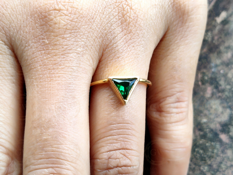 Silver and Gold Triangle Shape Emerald Minimalist engagement ring, Matching Stacking Ring, Dainty Diamond Ring, Gemstone Birthstone Ring