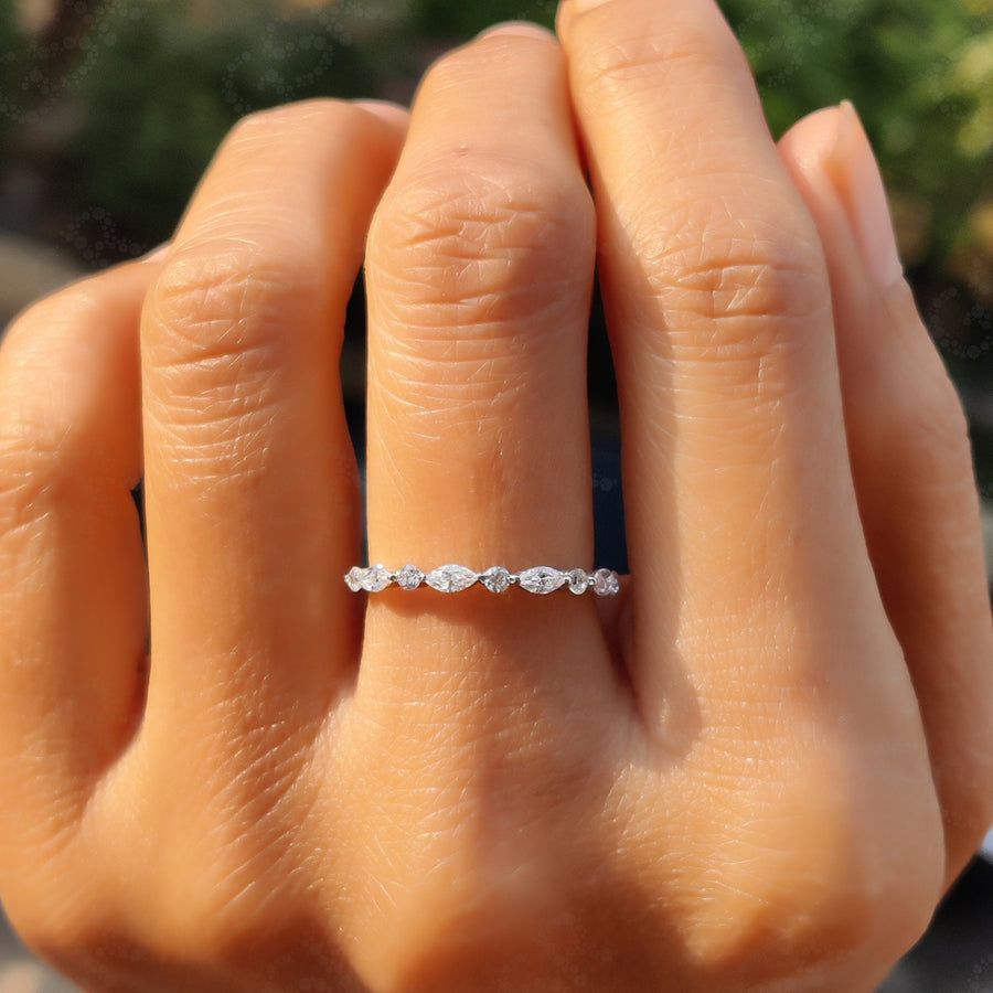 Timeless Elegance: Alternating Marquise and Round Band in Silver and Gold, a Floating Moissanite Wedding Ring for Half Eternity Stacking