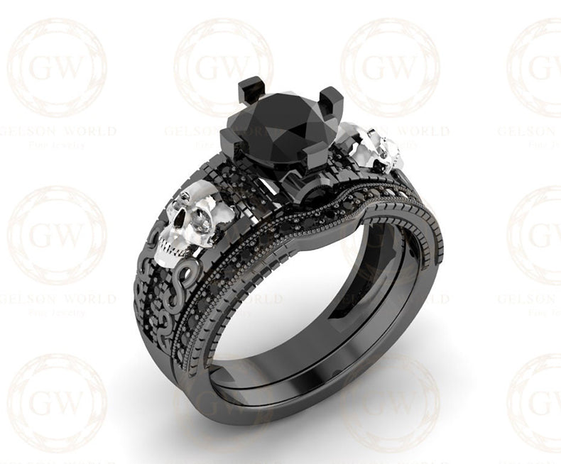 1.75 Ct Gothic Skull Bridal Wedding Ring Set, Round Black Diamond, Unique Skull Vintage Engagement ring set, Stacking Matching Band for Her