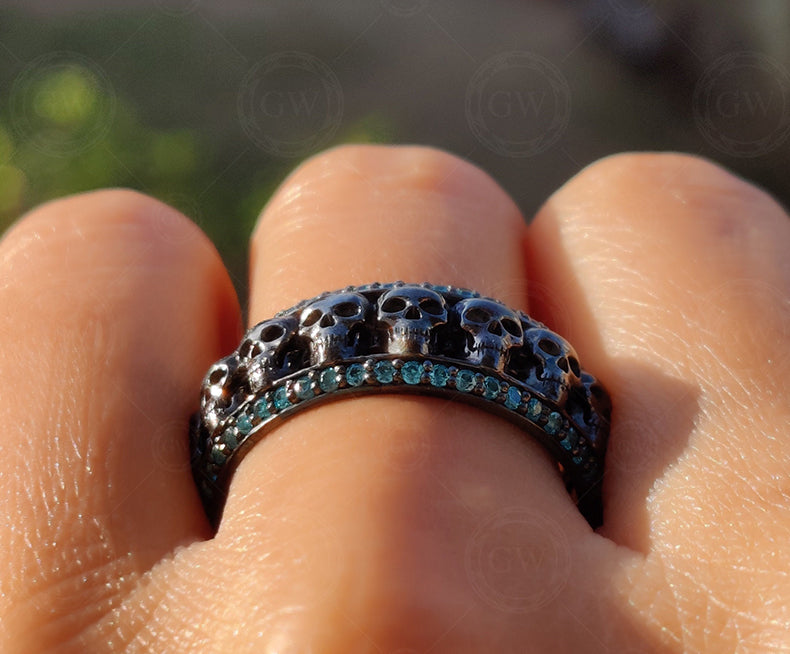 Aquamarine Eternity Ring / 9 mm Wide Black Silver Gothic Skull Wedding Band / Gemstone Birthstone Ring / Full Eternity Band for Men & Women