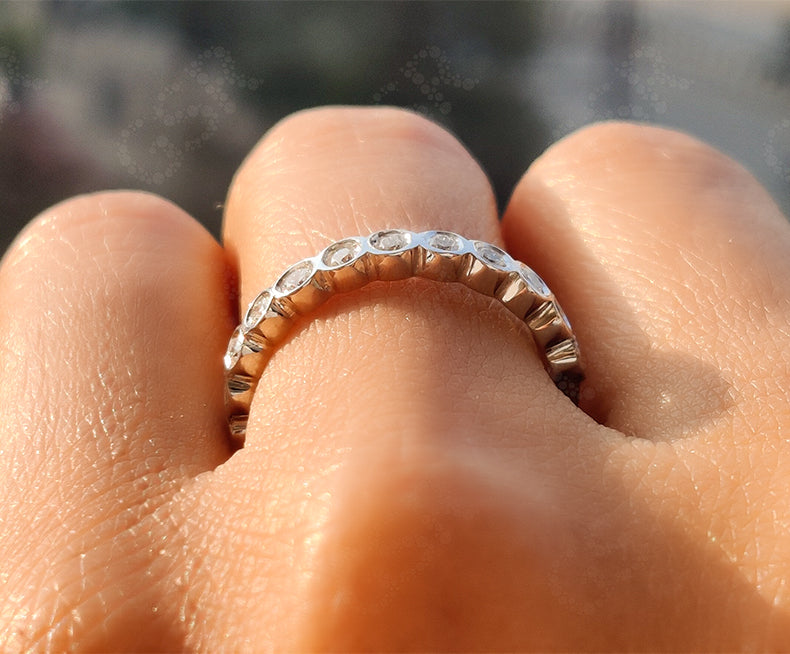 Timeless Brilliance: 2mm Round Bezel Moissanite Wedding Band in Silver and Gold - A Stunning Half Eternity Stacking Ring