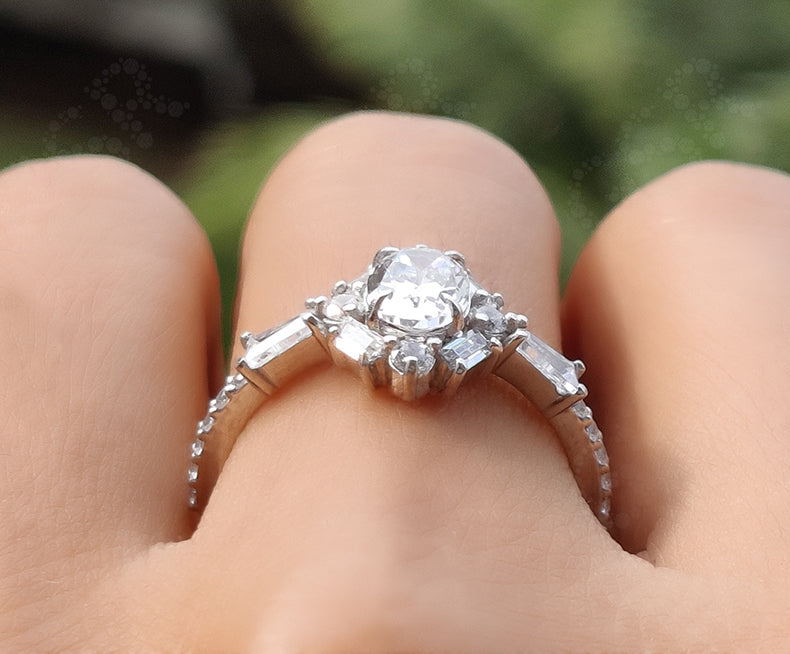 Elegant Oval Solitaire Halo Engagement Ring - Silver and Gold Minimalist Beauty with Colorless Moissanite - Dainty Wedding Ring
