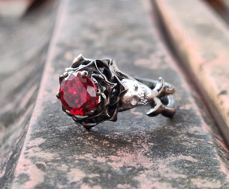 Gothic Skull Engagement ring / Round Red Ruby CZ Diamond / Rose Floral Wedding Ring / Unique Skull Nature Inspired Ring / Ring for Women