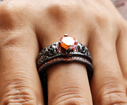 Unique Gothic Skull Bridal Wedding Ring Set, Fire Opal Birthstone Vintage Engagement ring set, Matching Band for her, Black Skull