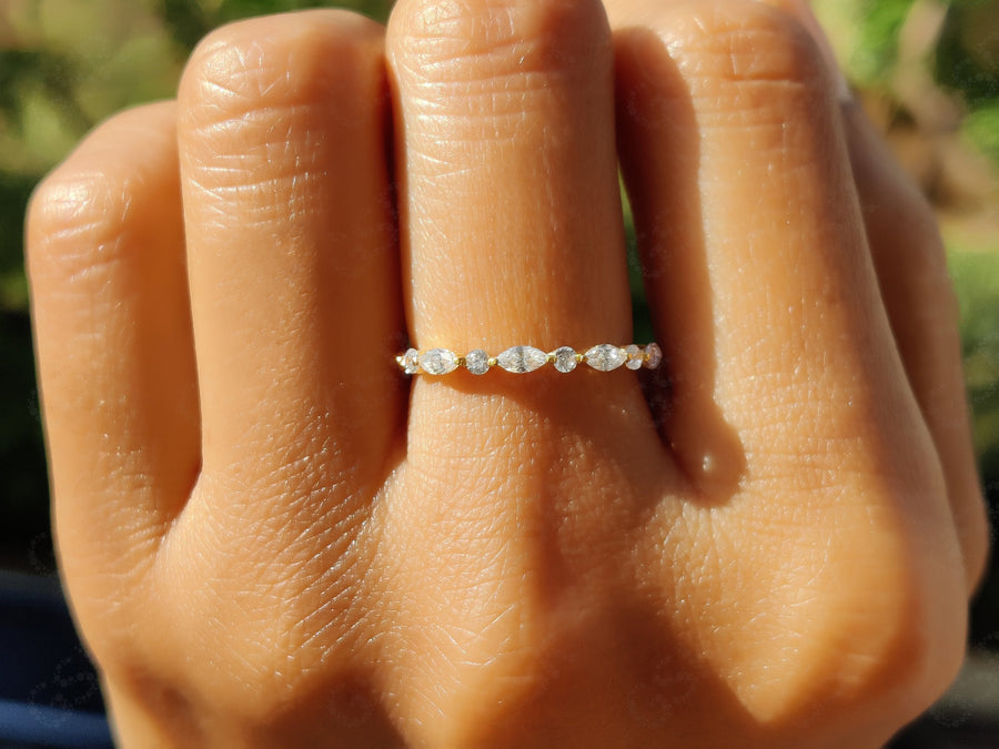 Elegant Alternating Marquise and Round Band - Floating Moissanite Wedding Beauty - Silver and Gold Half Eternity Stackable Ring - Moissanite Wedding Band