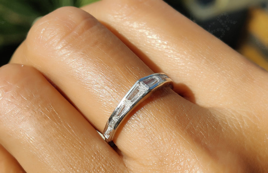 Elegant Channel Set Baguette Moissanite Wedding Ring - Silver and Gold Stacking Beauty with Unique Design - Ideal Promise, Matching Band, or Anniversary Gift