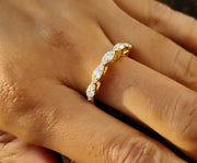 3.25mm Wide 14K Gold Stacking Wedding Ring, Round Moissanite Wedding Band, Marquise Shape Anniversary Ring, Unique Nature Inspired Design