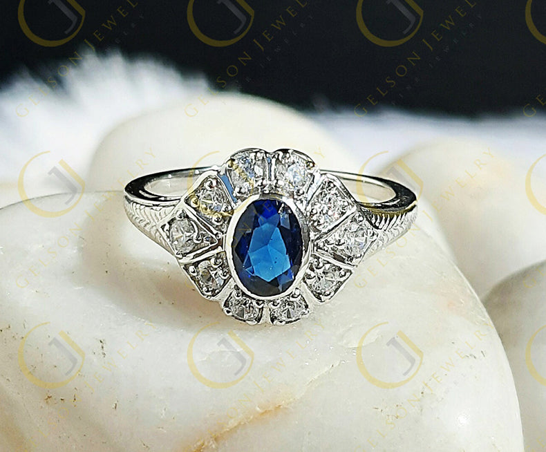 Art deco Engagement Ring, Oval Blue Sapphire Simulated Diamond, Vintage wedding ring, Sterling Silver, Promise ring, Gift for Her