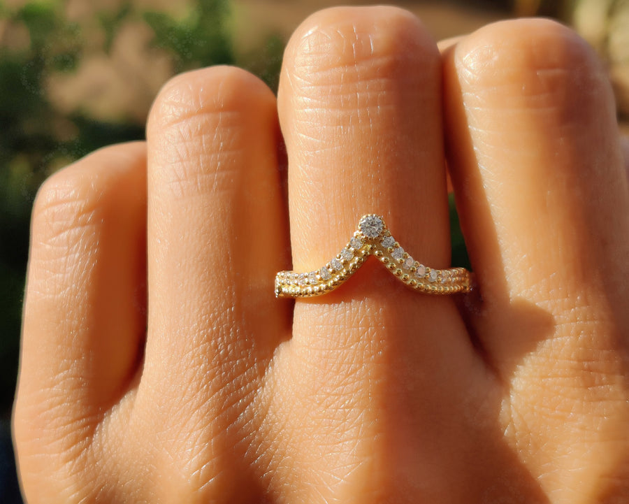 Elegant Royal Vintage Chevron Band - Round Moissanite Wedding Beauty - Silver and Yellow Gold - Dainty Promise Ring and Anniversary Ring