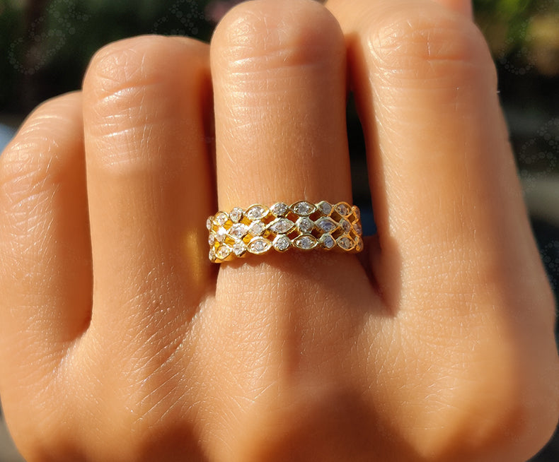 Multi Stone Moissanite Anniversary Ring - 3 Row Silver and Gold Stacking Band