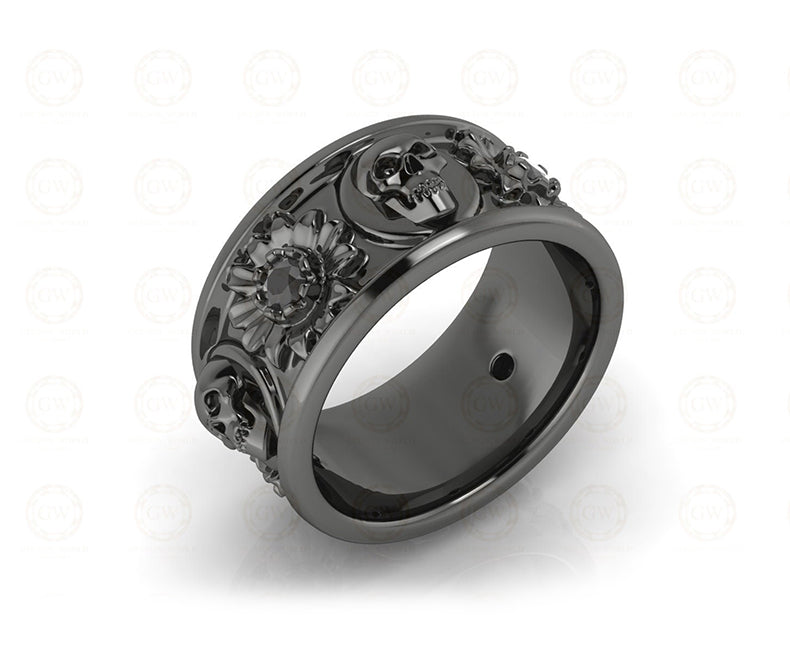 10 mm Wide Nature Inspired Unique Gothic Skull Wedding Band, Simulated Diamond, Sterling silver, Anniversary Ring, Floral Eternity Band