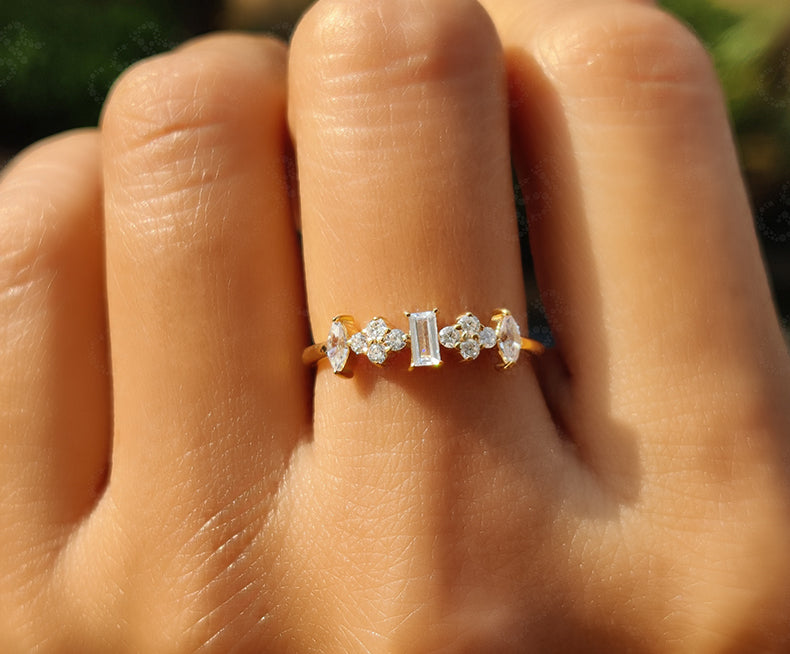 Multi Stone Moissanite Ring - Dainty Stacking Gold and Silver Band