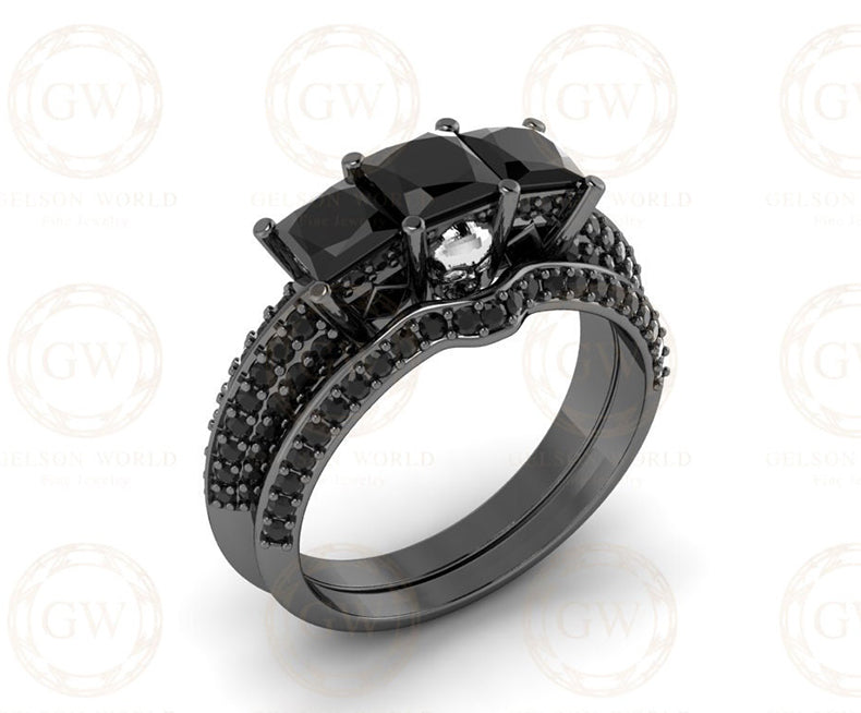 2.20 Ct Gothic Skull Bridal Wedding Ring Set, Unique Skull Princess Diamond Knife Edge 3 Stone Engagement ring set, Stacking Matching Band