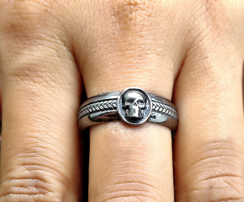 Unique Gothic Skull Bridal Men's Wedding Band, Anniversary Ring, Modern Design, Promise Band, Punk Signet Ring, Black Sterling Silver