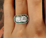 Toi et Moi Ring / Art deco Moissanite Engagement Ring / Estate Jewelry / Emerald Engagement Ring / Antique Rings / Vintage Engagement Ring