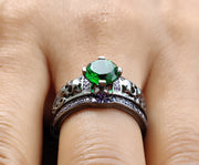 Unique Gothic Skull Bridal Wedding Ring Set, Emerald & Amethyst Birthstone Vintage Engagement ring set, Matching Band for her, Black Skull