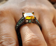 Vintage Engagement Ring, Fancy Canary Yellow Princess, Cocktail Large Stone Black Sterling Silver Ring, Wedding Ring, Rings for Women