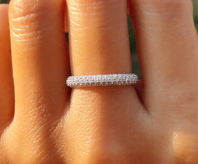 Three Row Micropavé Moissanite Diamond Eternity Wedding Band: Silver and Gold Half Eternity Ring for Her