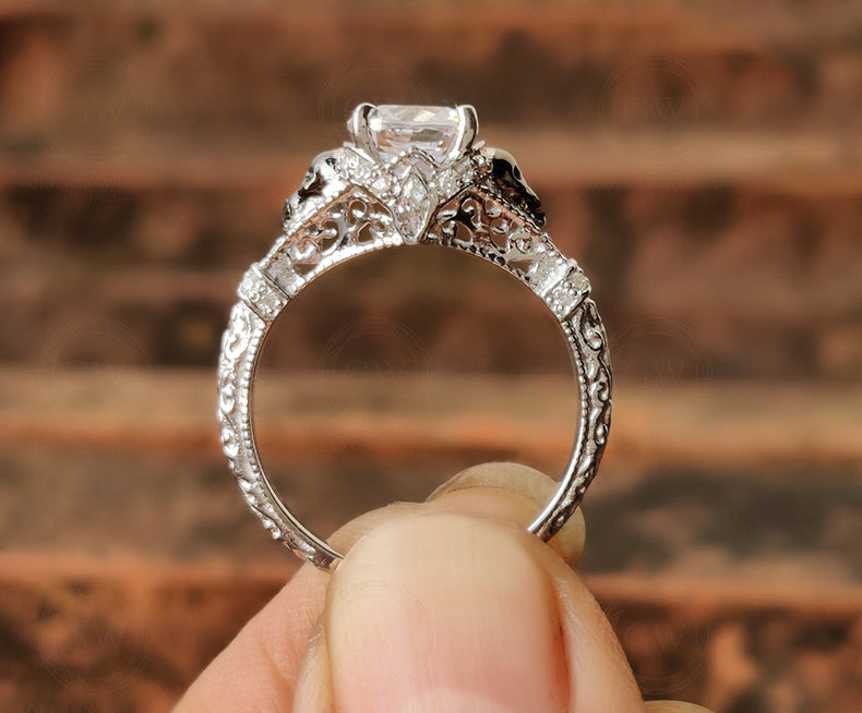 2.40 Ct Unique Gothic Skull Cushion Cut Floral Vintage Bridal Engagement Ring Set, Man Made Diamond, Sterling silver, Matching Wedding Band