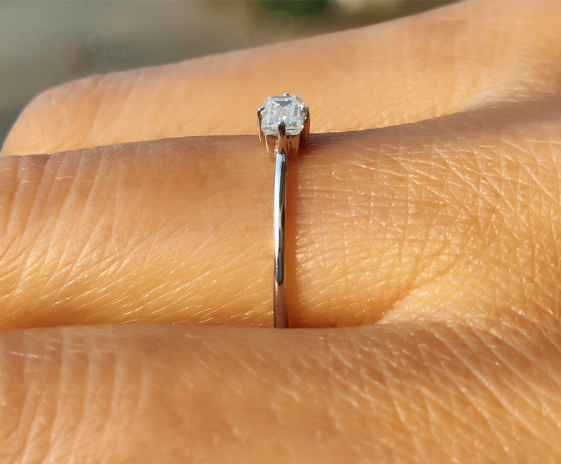 Timeless Elegance: Solitaire Baguette Moissanite Engagement Ring in Silver and Gold - Perfect for Simple Stacking and Dainty Minimalism