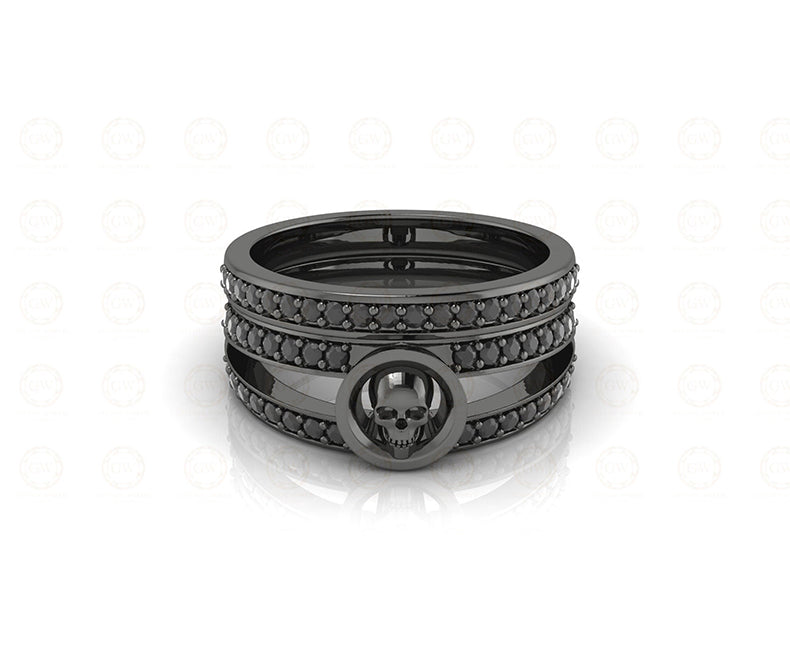 0.45 Ct Unique Black Gothic Halo Bridal Skull Engagement Ring Set, Matching Skull Wedding Rings, Sterling silver, Half Eternity Band