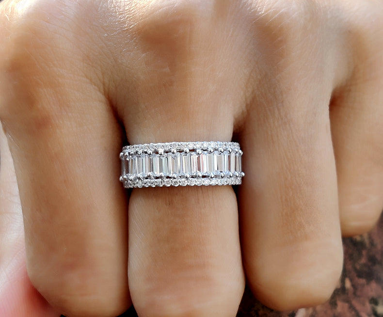 Full Eternity Baguette Wedding Ring / 7.50 mm Wide Band / 3 Row Anniversary Gift Ring / Wedding Band / Sterling Silver / Statement Ring