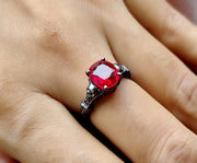 2.30 Ct Unique Gothic Skull Cushion Cut Floral Vintage Bridal Engagement Ring, Birthstone July Ruby gemstone Women ring, Sterling Silver