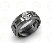 7.50 mm Wide Personalized Unique Men's Gothic Skull Wedding Band, Punk Style Biker Ring, Black CZ Diamond Sterling silver, Promise Band Him