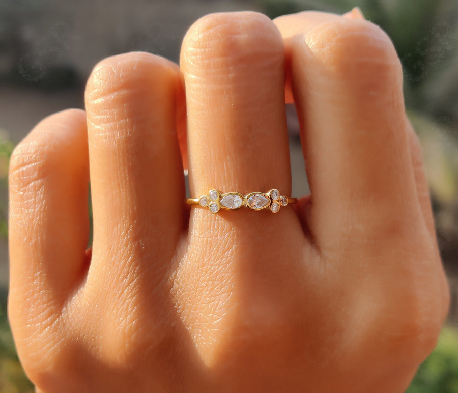 Harmony in Design: Dainty Silver and Gold Moissanite Cluster Ring - A Delicate Stackable Beauty, Perfect for Promise or Wedding Bands