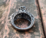 2 Ct Unique Gothic Skull Round Floral Vintage Engagement Ring, Black Man Made Diamond, Sterling silver, Nature Inspired Wedding Women Ring