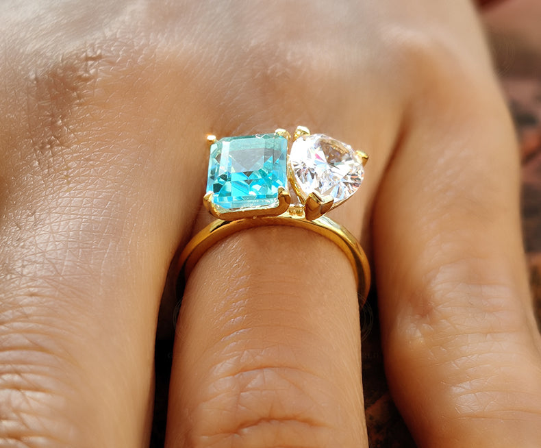 Toi Et Moi Gold Ring / Pear & Aquamarine Emerald Ring / Two Stone Ring / 2 Stone Aquamarine Engagement Ring / Women Wedding Ring