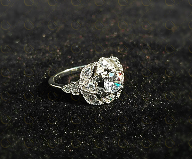 Vintage Engagement Ring, Round Simulated Diamond, Art Deco Wedding Ring, Milgrain ring, Unique Floral Design, Sterling Silver, Women Ring