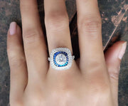 Sapphire Target Ring, Double Halo Engagement Ring, Vintage Milgrain Ring, Unique Art Deco Ring For Women, Moissanite Bezel Set Round Ring