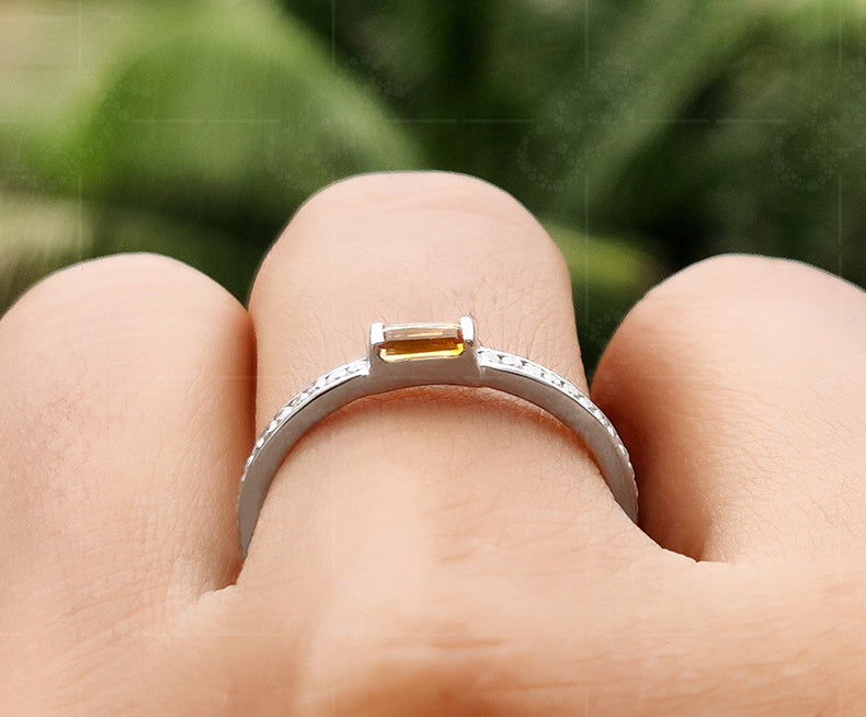 Sunny Glow: Citrine November Birthstone Ring for Women - Yellow Gemstone Baguette Ring, Dainty Personalized Stackable Ring, Minimalist Jewelry