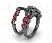 Gothic Skull Bridal CZ Wedding Ring Sets, Rose Floral Gemstone Engagement Ring, Sterling Silver, Criss Cross Nature Inspired Design