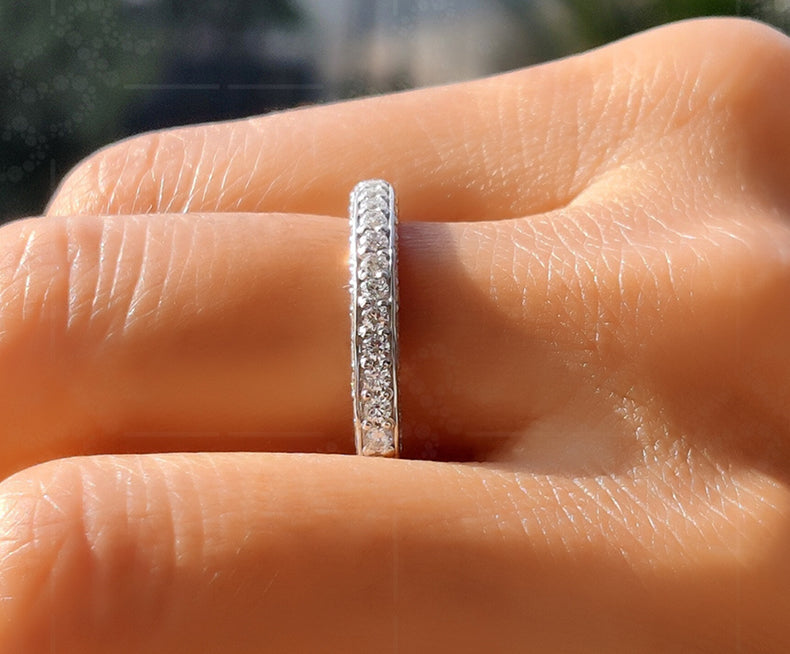 Elegance in Triplicate: 3-Sided Pave Moissanite Wedding Band in Silver and Gold for Timeless Anniversaries