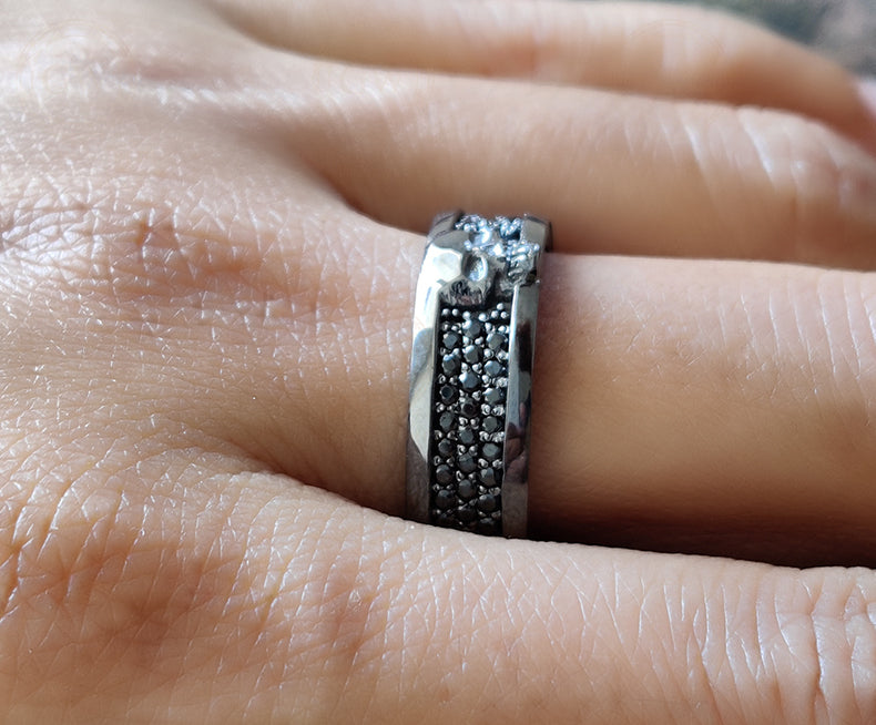 Gothic Skull Wedding Band Men, Pave Mens Moissanite Ring, Full Eternity Band, 3 Row Micro Pave Diamond Band, Wide Skull Anniversary Bands