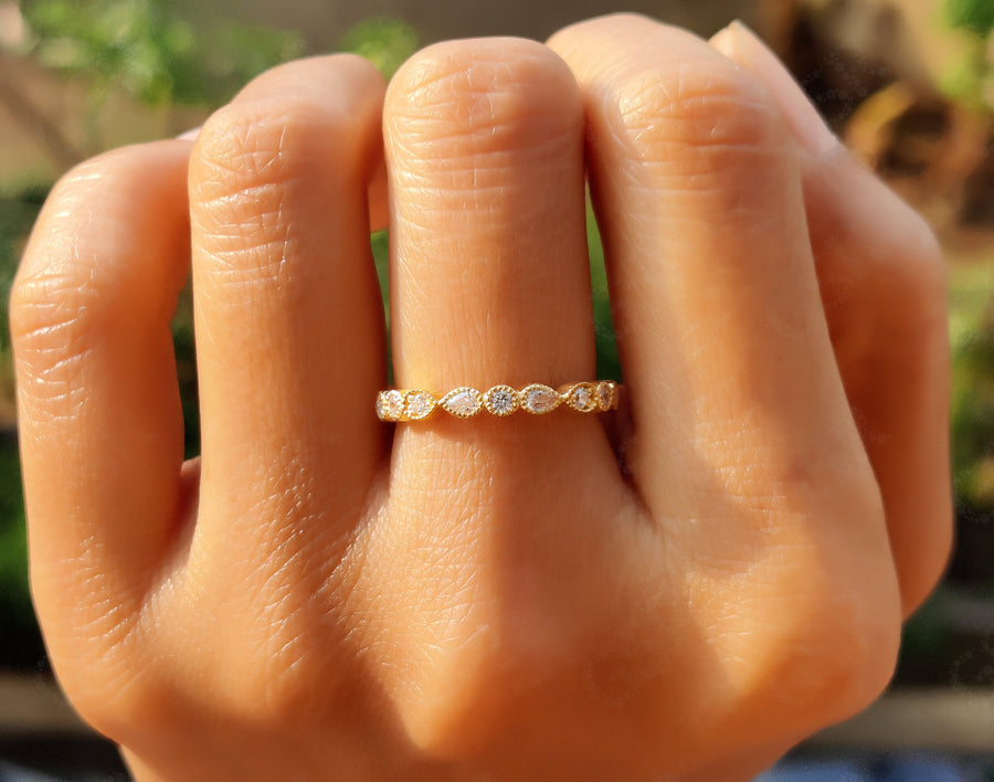 Elegant Vintage Wedding Band - Dainty Stacking Ring with Round & Pear Moissanite - Silver and Gold Half Eternity Anniversary Ring