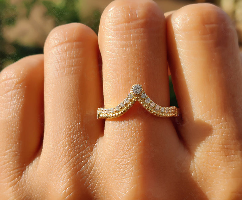 Elegant Royal Vintage Chevron Band - Round Moissanite Wedding Beauty - Silver and Yellow Gold - Dainty Promise Ring and Anniversary Ring