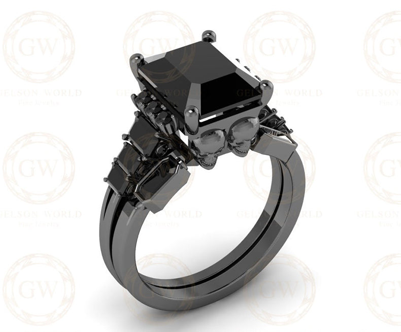 5.30 Ct Gothic Skull Bridal Wedding Ring Set, Emerald Cut Black CZ Diamond, Unique Skull Engagement ring set, Stacking Matching Band for Her