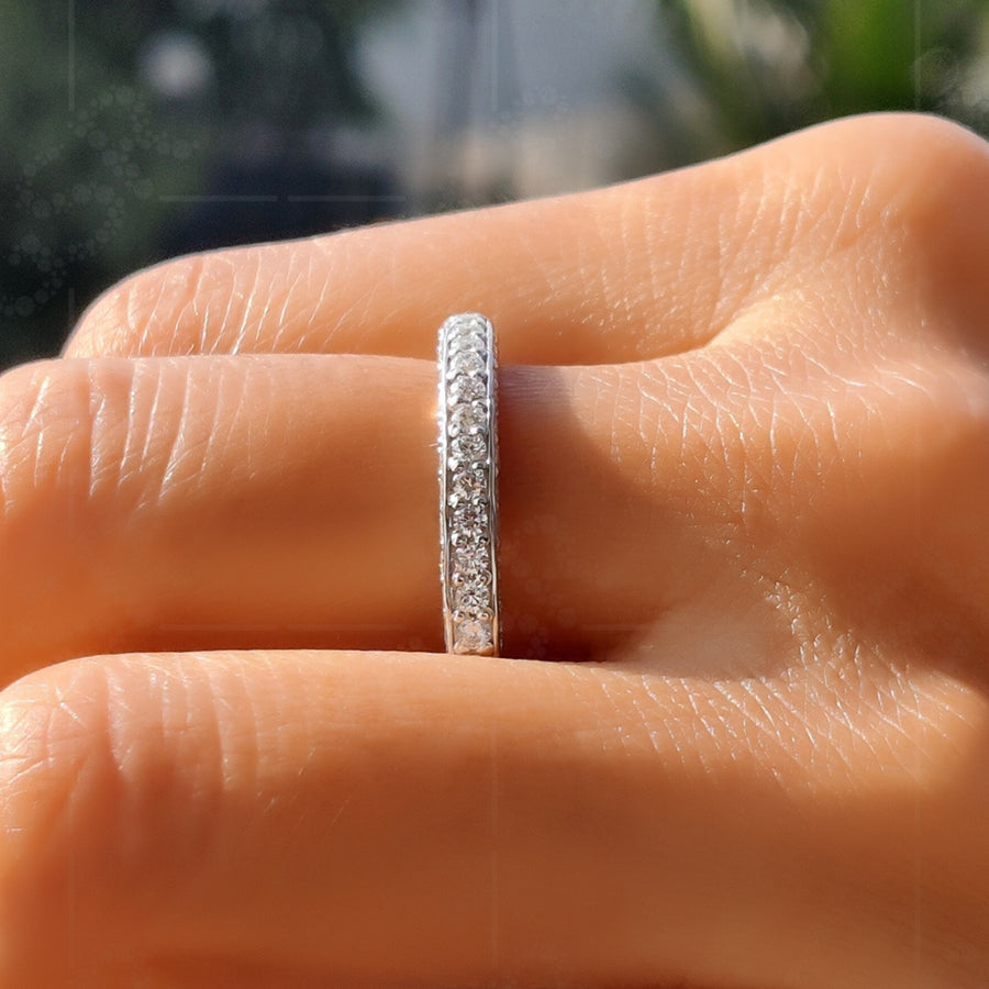 Elegance in Triplicate: 3-Sided Pave Moissanite Wedding Band in Silver and Gold for Timeless Anniversaries