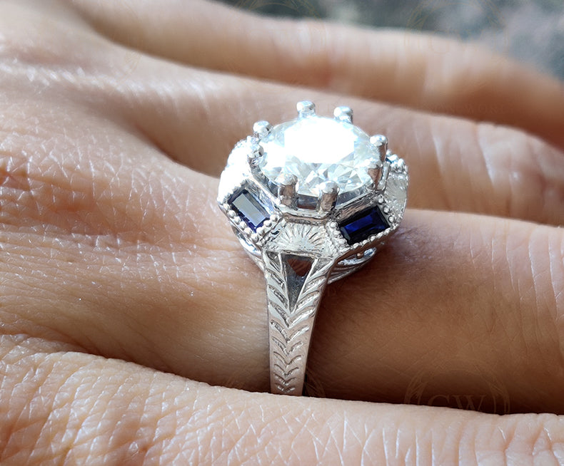 Vintage Engagement Ring, Round Moissanite Ring, Art deco Antique Style ring, Wedding Ring, Promise Ring for Her, Sapphire Baguette Ring