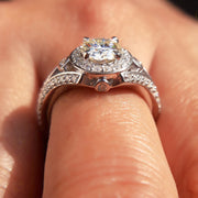 Art Deco Style Moissanite Ring Women, Vintage Round Halo Engagement Ring, Split Shank Ring, Unique Simulate Diamond Ring For Engagement