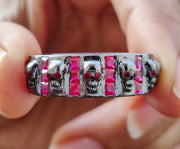 8 mm Wide Unique Gothic Skull Wedding Band Sterling Silver, Full Eternity Ring, Birthstone Ring, Ruby gemstone ring, Band for Men & Women