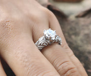 Solitaire Crown Gothic Skull Engagement Ring, Moissanite Ring, Sterling Silver, Nature Inspired, Two skull Gothic Vintage wedding ring