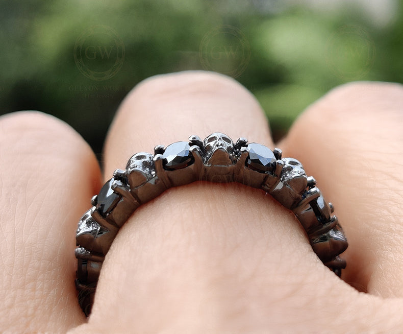 1.50 Tcw Skull Wedding Ring Band, Promise Ring, Eternity Gothic Band, Round Cut CZ Diamond alternate skull Black Sterling Silver Women Ring