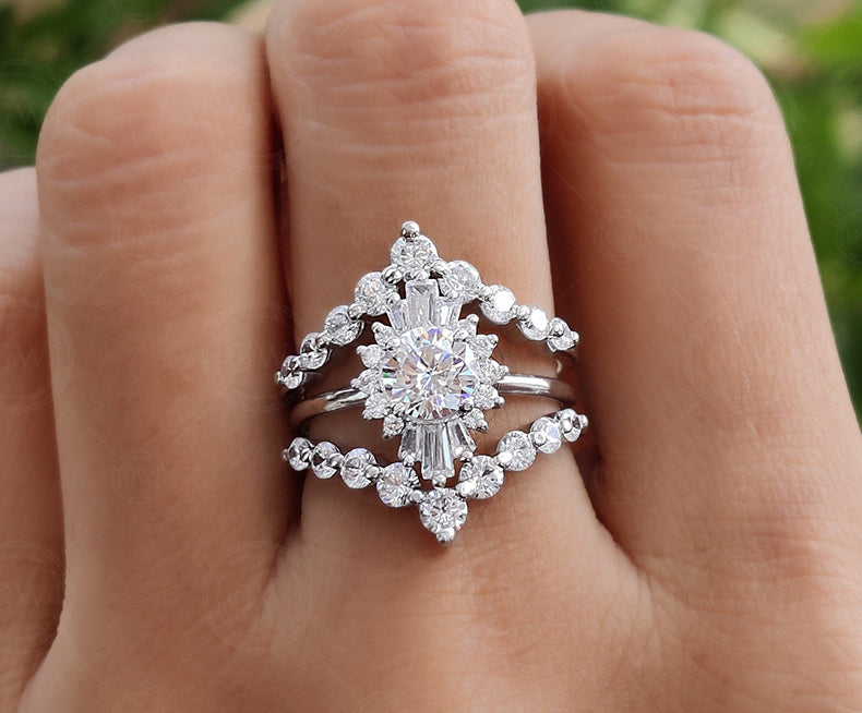 Sunburst Ring Enhancer Set, Unique Moissanite Engagement Ring With Enhancer, Wedding Ring Set For Women, Ring Jacket, Ring Guard Bridal Sets