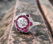 3.10 Ct Round Moissanite vintage Halo Engagement Ring, Gemstone Art Deco Wedding Ring, Ruby CZ Sterling silver ring, Estate Women Jewelry