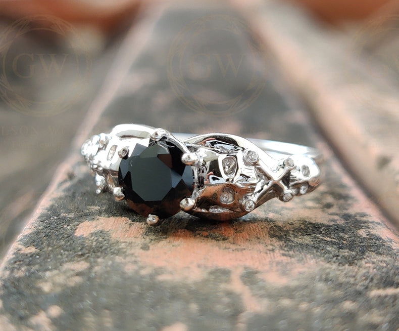 1.05 Ct Unique Skull Engagement Ring, Gothic Wedding ring, Skull women ring, 925 Sterling Silver, Round Black CZ